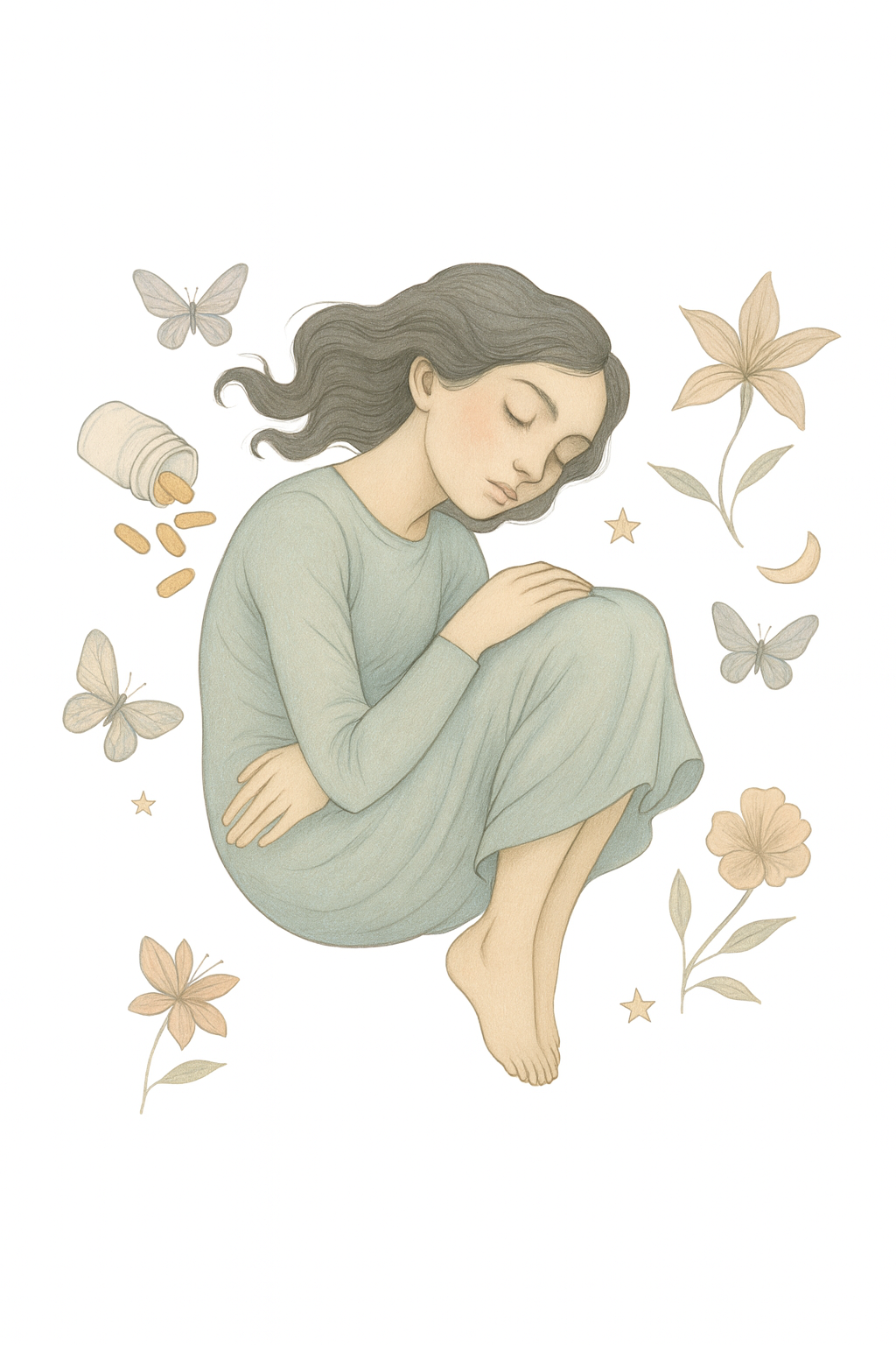 Ilustración abstracta elegante en tonos pastel con fondo blanco, composición minimalista y profesional que transmite calma, melancolía y belleza, ideal para acompañar un artículo sobre psicofármacos, sueño REM y salud mental